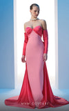 MNM Couture N0609 coral and black column gown with pleated neckline and silk bow train | Couture Shop LA