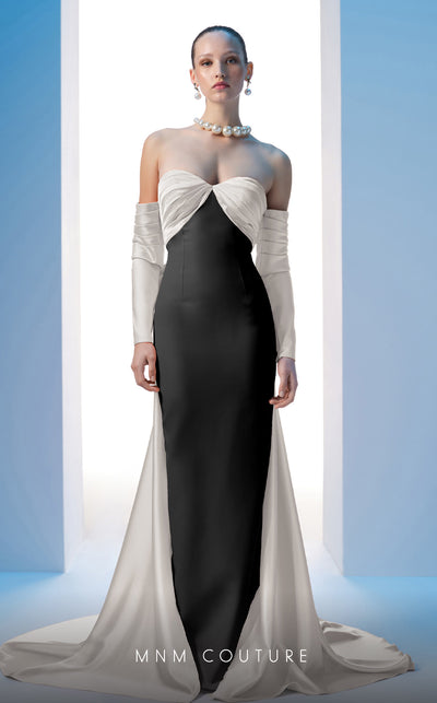 MNM Couture N0609 coral and black column gown with pleated neckline and silk bow train | Couture Shop LA