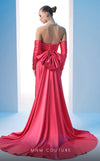 MNM Couture N0609 coral and black column gown with pleated neckline and silk bow train | Couture Shop LA