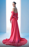 MNM Couture N0609 coral and black column gown with pleated neckline and silk bow train | Couture Shop LA