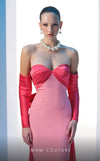 MNM Couture N0609 coral and black column gown with pleated neckline and silk bow train | Couture Shop LA