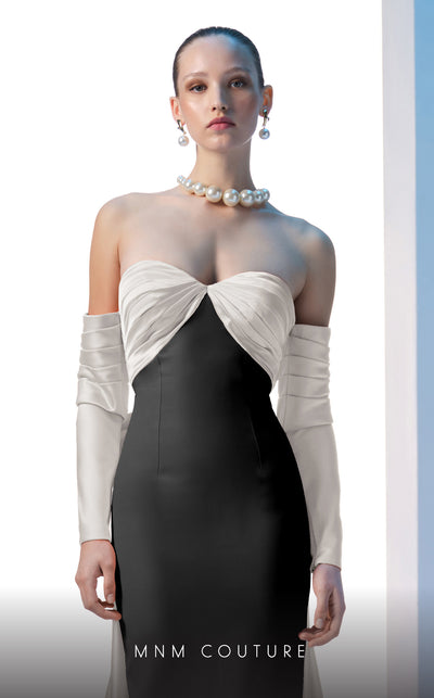 MNM Couture N0609 coral and black column gown with pleated neckline and silk bow train | Couture Shop LA
