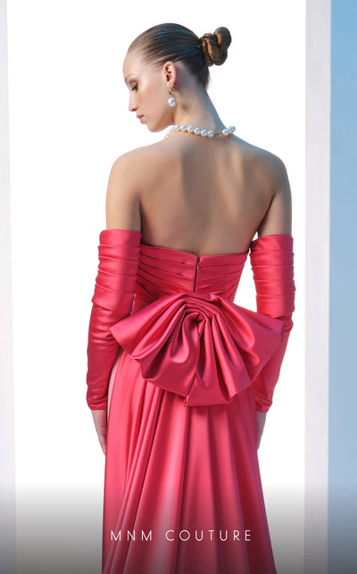 MNM Couture N0609 coral and black column gown with pleated neckline and silk bow train | Couture Shop LA