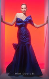 MNM Couture N0611 strapless satin mermaid gown with draped bust and hip accents.