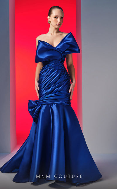 MNM Couture N0611 strapless satin mermaid gown with draped bust and hip accents. | Couture Shop LA