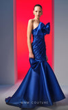 MNM Couture N0611 strapless satin mermaid gown with draped bust and hip accents.