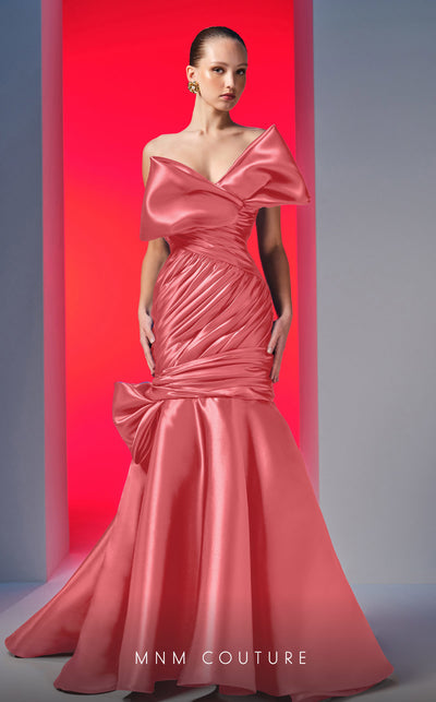 MNM Couture N0611 strapless satin mermaid gown with draped bust and hip accents. | Couture Shop LA