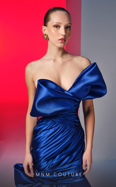 MNM Couture N0611 strapless satin mermaid gown with draped bust and hip accents. | Couture Shop LA