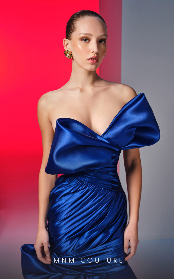MNM Couture N0611 strapless satin mermaid gown with draped bust and hip accents. | Couture Shop LA