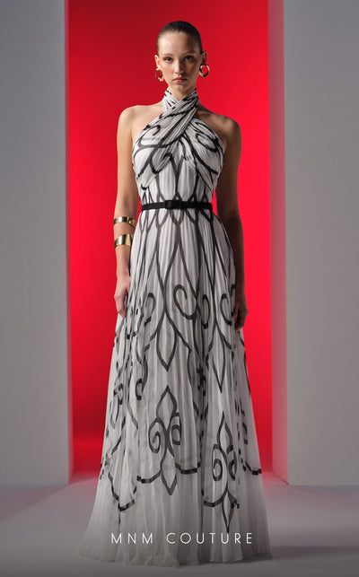 MNM Couture N0614 halter-neck A-line gown with printed chiffon and flared skirt. | Couture Shop LA