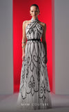 MNM Couture N0614 halter-neck A-line gown with printed chiffon and flared skirt.