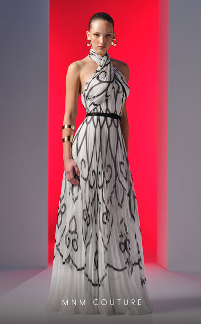MNM Couture N0614 halter-neck A-line gown with printed chiffon and flared skirt. | Couture Shop LA