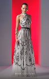 MNM Couture N0614 halter-neck A-line gown with printed chiffon and flared skirt. | Couture Shop LA