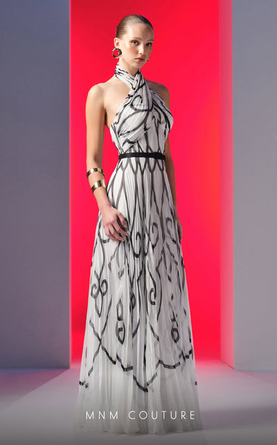 MNM Couture N0614 halter-neck A-line gown with printed chiffon and flared skirt. | Couture Shop LA