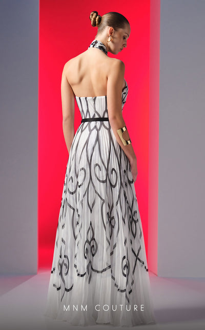 MNM Couture N0614 halter-neck A-line gown with printed chiffon and flared skirt. | Couture Shop LA