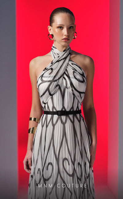 MNM Couture N0614 halter-neck A-line gown with printed chiffon and flared skirt. | Couture Shop LA