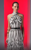 MNM Couture N0614 halter-neck A-line gown with printed chiffon and flared skirt. | Couture Shop LA