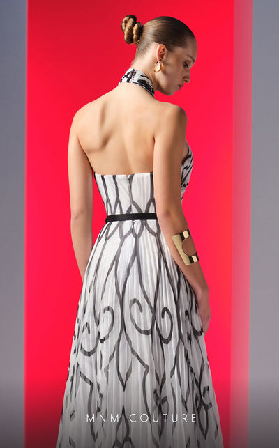 MNM Couture N0614 halter-neck A-line gown with printed chiffon and flared skirt. | Couture Shop LA
