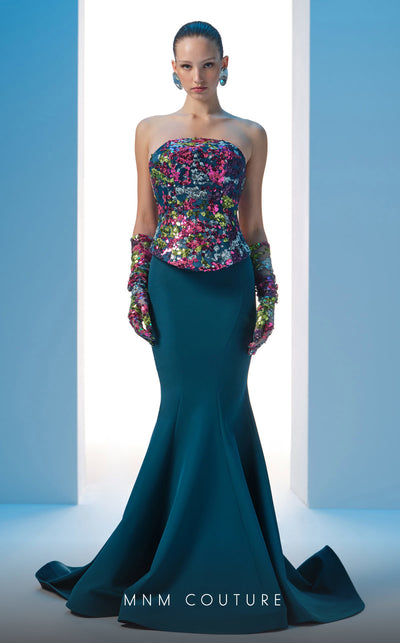 MNM Couture N0616 embroidered mermaid gown with corset. | Couture Shop LA