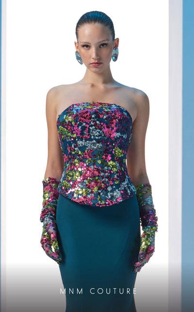 MNM Couture N0616 embroidered mermaid gown with corset. | Couture Shop LA