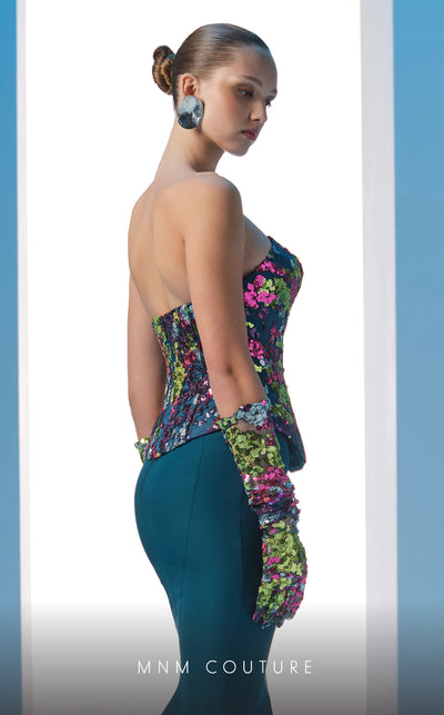 MNM Couture N0616 embroidered mermaid gown with corset. | Couture Shop LA