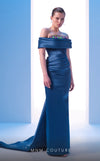 MNM Couture N0617 off-shoulder satin gown with waist draping.