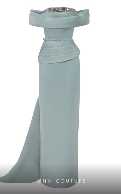 MNM Couture N0617 off-shoulder satin gown with waist draping. | Couture Shop LA