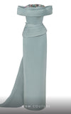 MNM Couture N0617 off-shoulder satin gown with waist draping. | Couture Shop LA