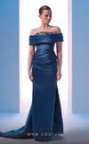 MNM Couture N0617 off-shoulder satin gown with waist draping. | Couture Shop LA
