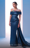 MNM Couture N0617 off-shoulder satin gown with waist draping. | Couture Shop LA