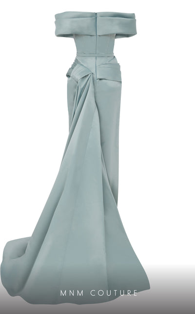 MNM Couture N0617 off-shoulder satin gown with waist draping. | Couture Shop LA