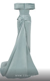 MNM Couture N0617 off-shoulder satin gown with waist draping. | Couture Shop LA
