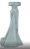MNM Couture N0617 off-shoulder satin gown with waist draping. | Couture Shop LA
