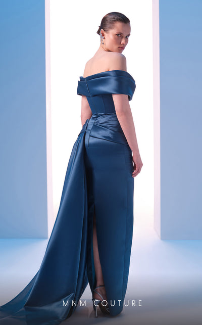MNM Couture N0617 off-shoulder satin gown with waist draping. | Couture Shop LA