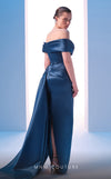 MNM Couture N0617 off-shoulder satin gown with waist draping. | Couture Shop LA