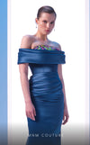 MNM Couture N0617 off-shoulder satin gown with waist draping. | Couture Shop LA