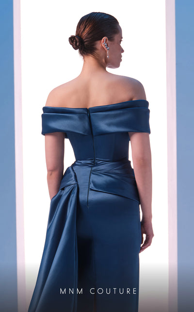 MNM Couture N0617 off-shoulder satin gown with waist draping. | Couture Shop LA