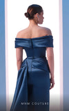 MNM Couture N0617 off-shoulder satin gown with waist draping. | Couture Shop LA
