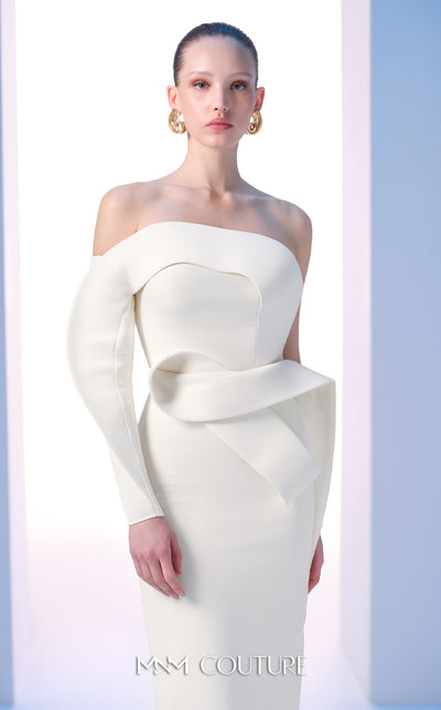MNM Couture N0618 one-sided off-shoulder gown with draped detailing. | Couture Shop LA