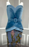 MNM Couture N0620 baby blue corset top with sequined velvet skirt and belt detail. | Couture Shop LA