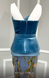 MNM Couture N0620 baby blue corset top with sequined velvet skirt and belt detail. | Couture Shop LA