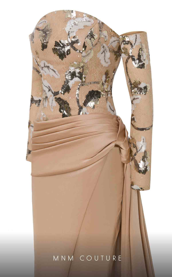 MNM Couture N0621 satin gown in patrol and gold with sequins and floral embroidery. | Couture Shop LA
