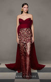 MNM Couture N0625 burgundy tafta gown with peplum silhouette and dramatic mesh-overlay design. | Couture Shop LA