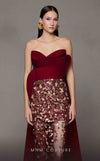 MNM Couture N0625 burgundy tafta gown with peplum silhouette and dramatic mesh-overlay design. | Couture Shop LA