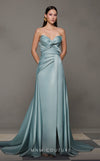 MNM Couture N0626 light blue gown with crisscross pleated bust and dramatic train | Couture Shop LA