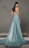 MNM Couture N0626 light blue gown with crisscross pleated bust and dramatic train | Couture Shop LA