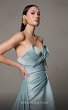 MNM Couture N0626 light blue gown with crisscross pleated bust and dramatic train | Couture Shop LA