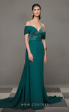 MNM Couture N0627 green gown with asymmetrical sweetheart design and sweeping train | Couture Shop LA