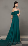 MNM Couture N0627 green gown with asymmetrical sweetheart design and sweeping train | Couture Shop LA