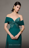 MNM Couture N0627 green gown with asymmetrical sweetheart design and sweeping train | Couture Shop LA